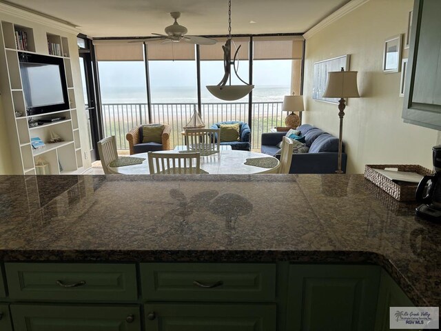 110 Padre Blvd Unit 407, South Padre Island, TX 78597 - living room featuring ceiling fan, crown molding, and a water view