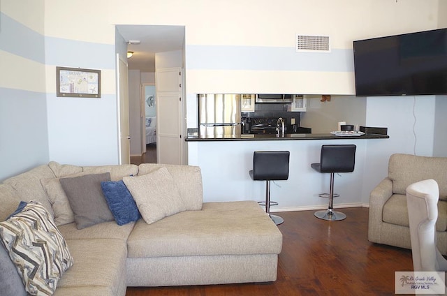 living room featuring dark hardwood / wood-style flooring and sink