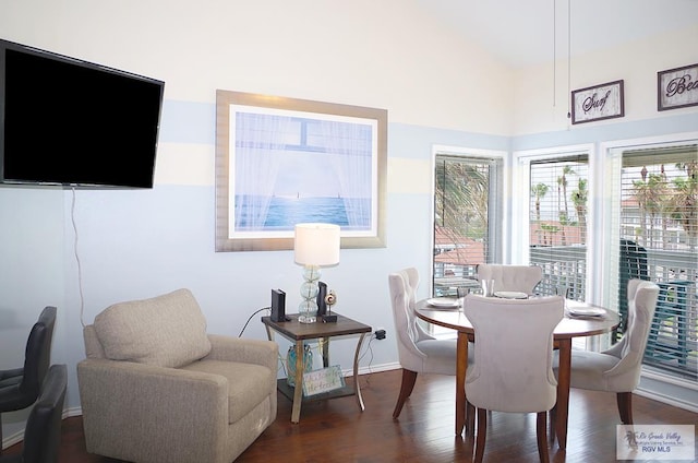 dining space featuring dark wood-type flooring and a high ceiling