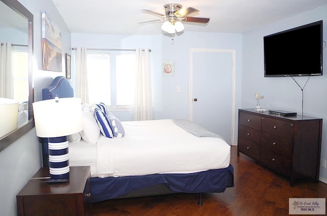 bedroom with dark hardwood / wood-style floors and ceiling fan