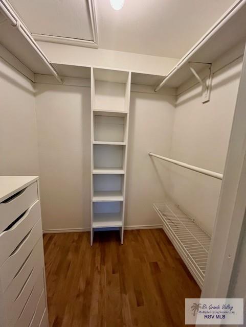 spacious closet with dark hardwood / wood-style floors