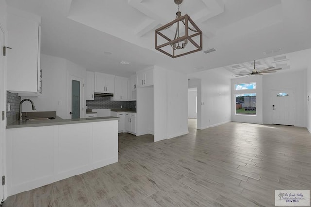 kitchen with kitchen peninsula, light hardwood / wood-style flooring, white cabinetry, and sink