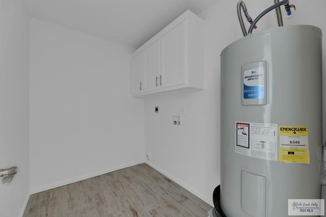 laundry room featuring cabinets, washer hookup, electric dryer hookup, water heater, and light hardwood / wood-style floors