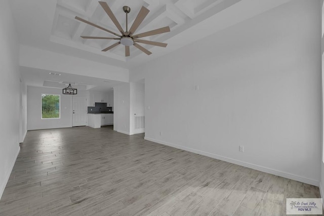 unfurnished living room with ceiling fan and light wood-type flooring