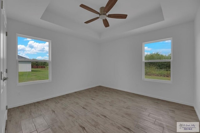 spare room featuring a healthy amount of sunlight, light hardwood / wood-style floors, and a tray ceiling