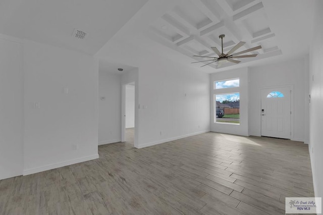 interior space with beamed ceiling, light hardwood / wood-style flooring, ceiling fan, and coffered ceiling