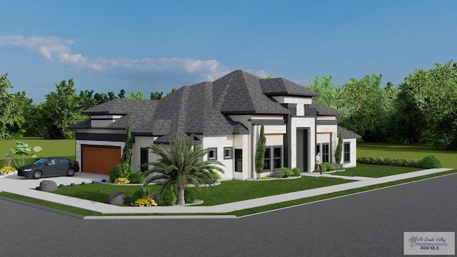 view of front facade with an attached garage, driveway, roof with shingles, and a front yard