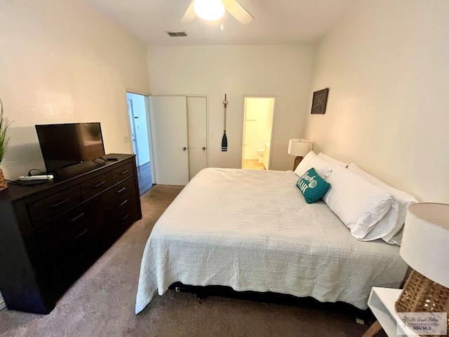 77 Santa Isabel Blvd Unit K 6, Laguna Vista, TX 78578 - carpeted bedroom featuring a closet, connected bathroom, and a ceiling fan