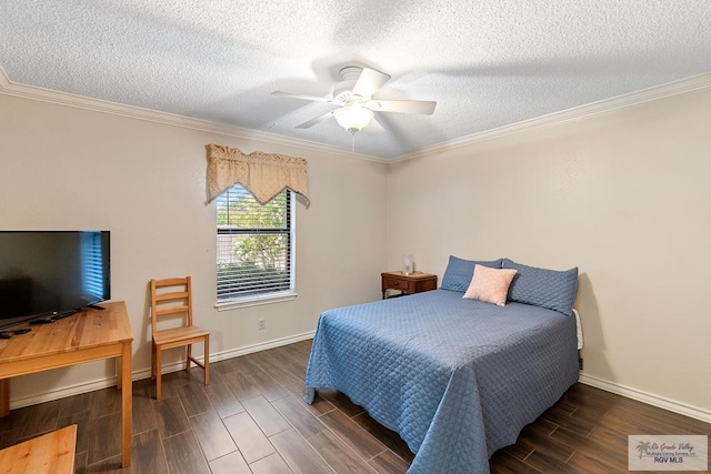 bedroom with a textured ceiling, ceiling fan, and dark hardwood / wood-style floors