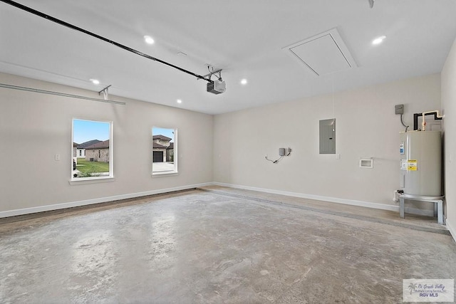 garage featuring electric panel, a garage door opener, and water heater