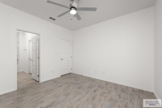 unfurnished bedroom featuring light hardwood / wood-style floors and ceiling fan