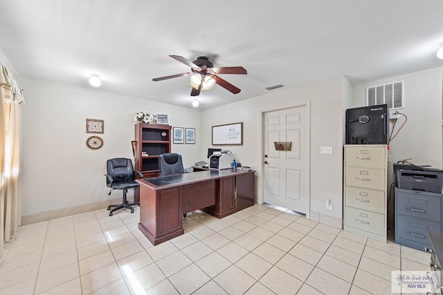 tiled office with ceiling fan