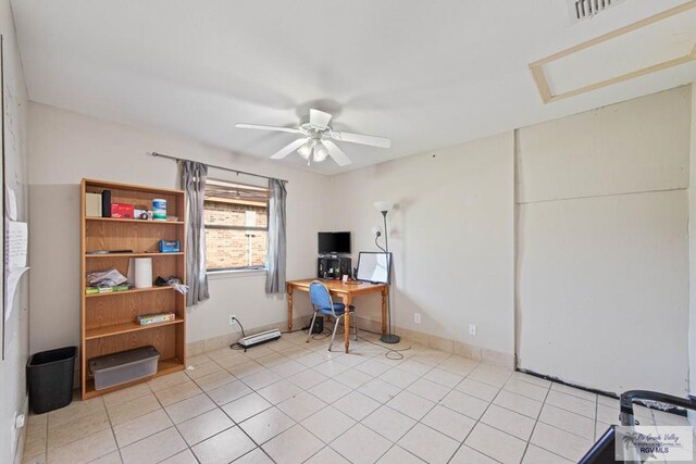 office space featuring light tile patterned floors and ceiling fan