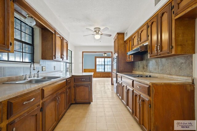 3401 Del Mar Dr, Mission, TX 78574 - kitchen featuring a ceiling fan, a sink, under cabinet range hood, tasteful backsplash, and black electric stovetop