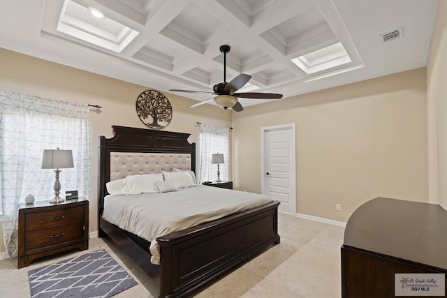 bedroom with coffered ceiling, ceiling fan, and beamed ceiling