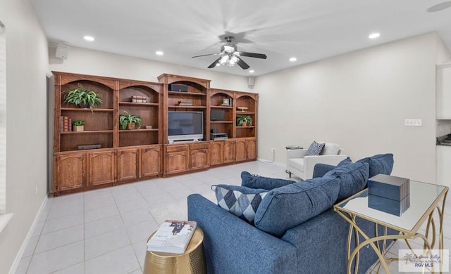 tiled living room with ceiling fan