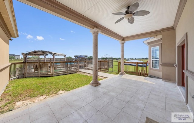 view of patio / terrace featuring a pergola, a deck, and ceiling fan