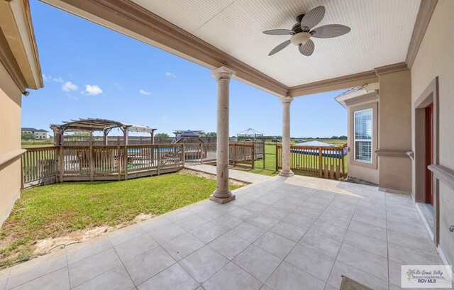 view of patio / terrace featuring a pergola, a deck, and ceiling fan