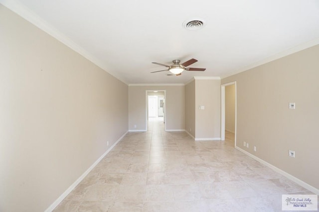 unfurnished room with visible vents, baseboards, a ceiling fan, and crown molding