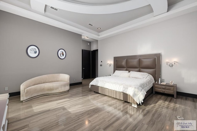 bedroom with a raised ceiling and hardwood / wood-style flooring