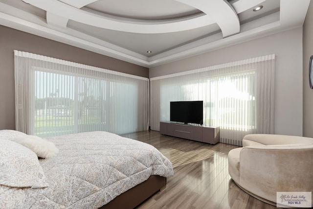 bedroom featuring access to outside, hardwood / wood-style flooring, a raised ceiling, and multiple windows