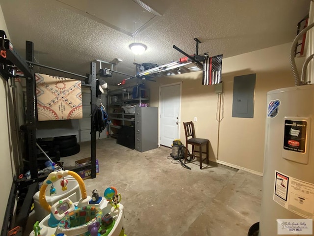 basement with electric water heater, a textured ceiling, and electric panel