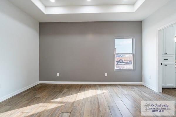 spare room featuring light hardwood / wood-style floors and a raised ceiling