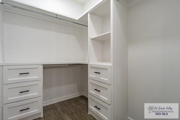 walk in closet with dark hardwood / wood-style flooring and built in desk