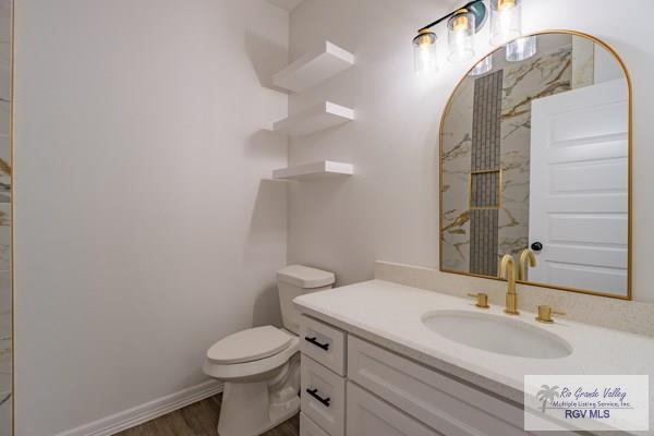 bathroom with vanity, hardwood / wood-style floors, and toilet