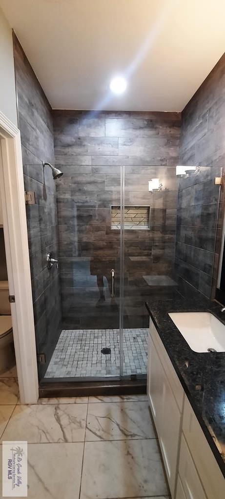 bathroom with vanity, toilet, and a shower with shower door