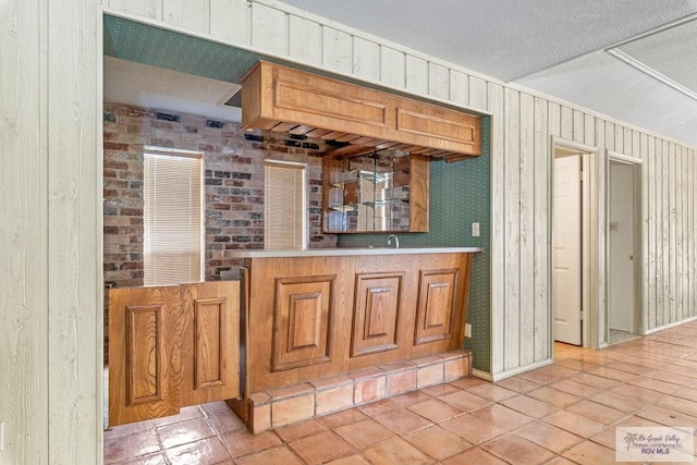 kitchen featuring wooden walls and a sink