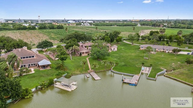 aerial view featuring a water view and a rural view