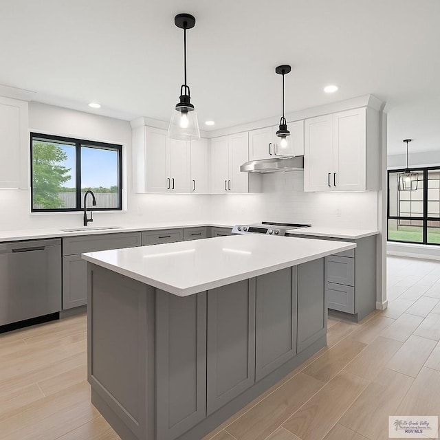 kitchen featuring a sink, appliances with stainless steel finishes, gray cabinets, and under cabinet range hood