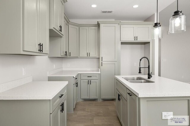 324 N Leon Ave, Elsa, TX 78543 - kitchen with a sink, an island with sink, gray cabinetry, light wood-style flooring, and recessed lighting