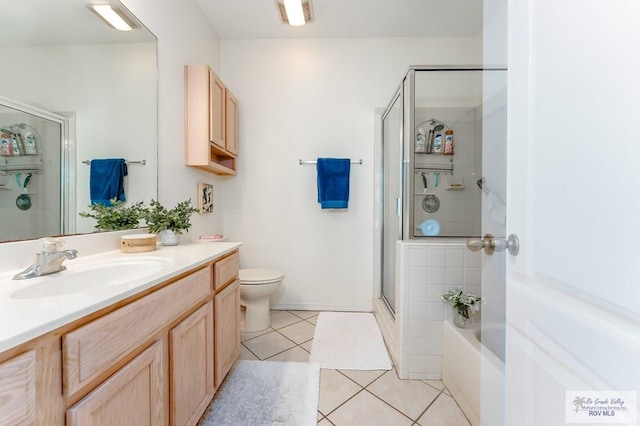 full bathroom featuring tile patterned flooring, vanity, toilet, and plus walk in shower