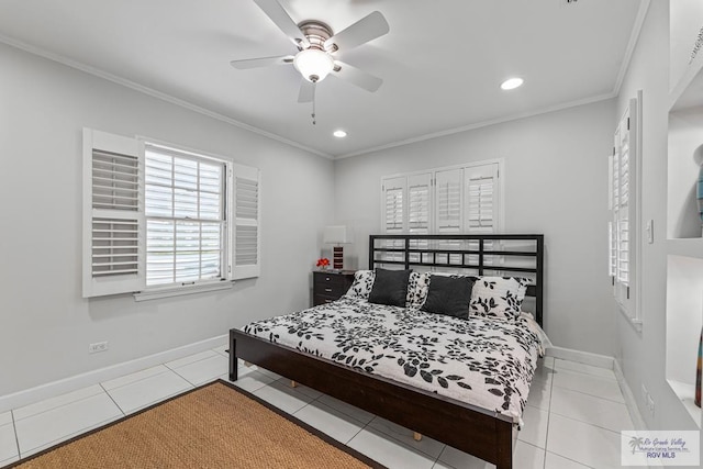 2301 Riverside Dr, Harlingen, TX 78550 - bedroom with light tile patterned floors, baseboards, ornamental molding, and recessed lighting