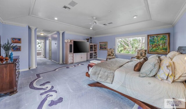 2301 Riverside Dr, Harlingen, TX 78550 - carpeted bedroom featuring ornate columns, visible vents, a raised ceiling, and crown molding