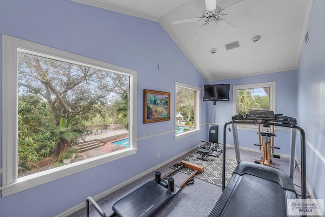 2301 Riverside Dr, Harlingen, TX 78550 - workout area featuring ceiling fan, carpet floors, visible vents, baseboards, and vaulted ceiling