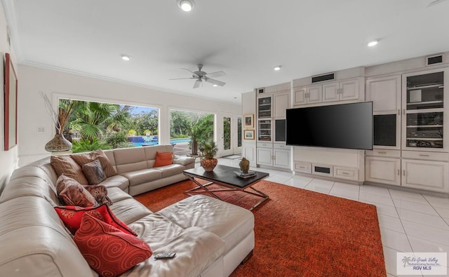 2301 Riverside Dr, Harlingen, TX 78550 - living room with light tile patterned floors, visible vents, a ceiling fan, ornamental molding, and recessed lighting