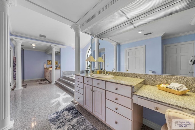 2301 Riverside Dr, Harlingen, TX 78550 - bathroom with crown molding, decorative columns, visible vents, granite finish floor, and baseboards