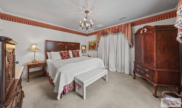2301 Riverside Dr, Harlingen, TX 78550 - bedroom with light colored carpet, visible vents, crown molding, and a notable chandelier