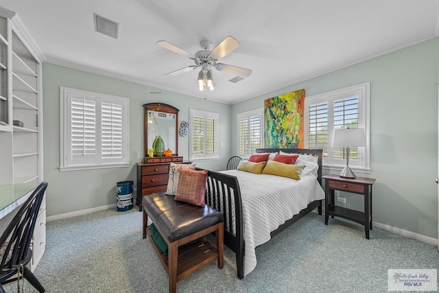 2301 Riverside Dr, Harlingen, TX 78550 - carpeted bedroom featuring ornamental molding, visible vents, and baseboards