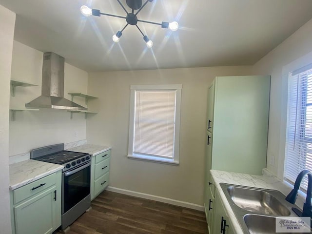 kitchen featuring dark wood finished floors, range hood, open shelves, a sink, and stainless steel range with electric stovetop