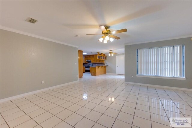 1544 W San Marcelo Blvd, Brownsville, TX 78526 - spare room with crown molding, a ceiling fan, light tile patterned flooring, and visible vents