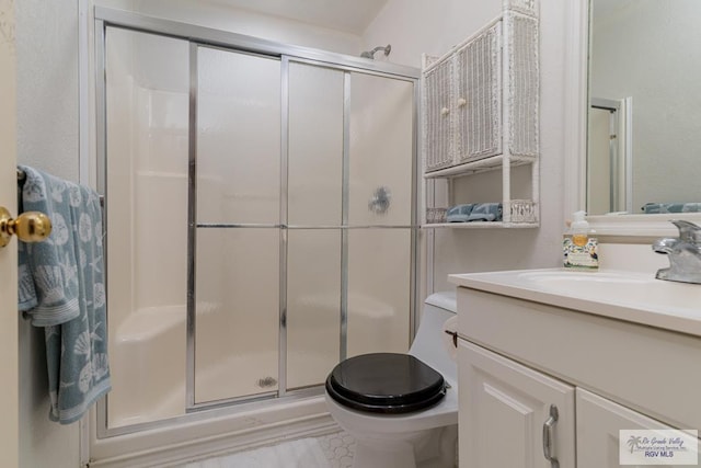 bathroom featuring vanity, toilet, and walk in shower