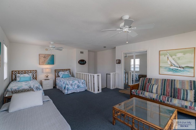 bedroom featuring carpet flooring and ceiling fan