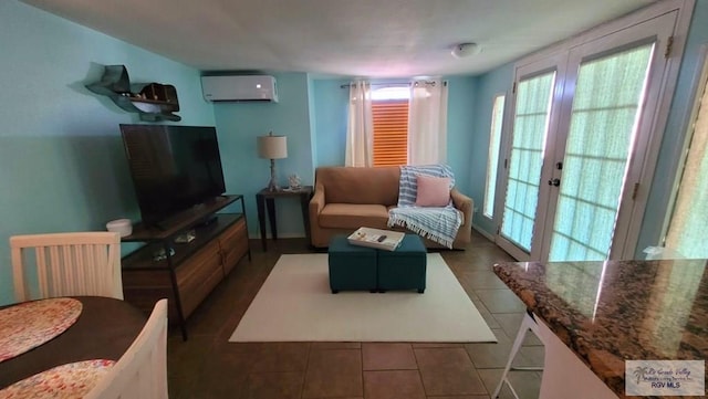 tiled living room with french doors and a wall unit AC