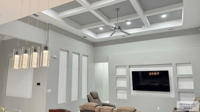 living room featuring beam ceiling, ceiling fan, and coffered ceiling