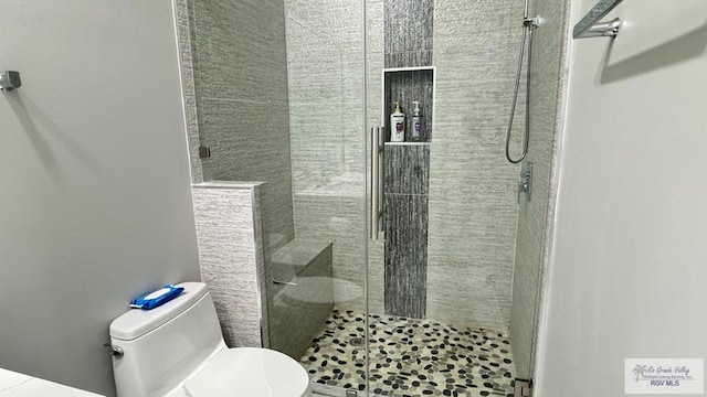 bathroom with a shower with shower door and toilet