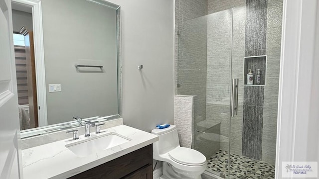 bathroom featuring toilet, vanity, and walk in shower